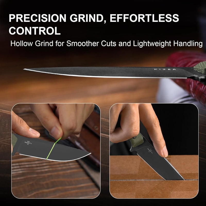 KIZER Begleiter Fix Fixed Blade Knife, 3.78" Drop Point D2 Blade Hunting Knives with Kydex Sheath, Green Micarta Handle EDC Knife for Camping Hunting Survival 1045MD3 - Image 4